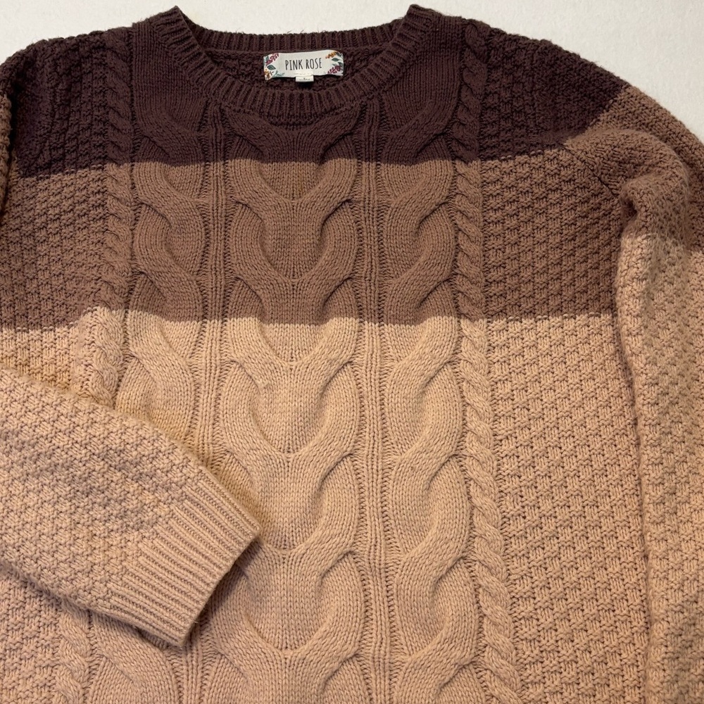 Pink Rose Cable Knit Colorblock Sweater Brown‎ Cream Cozy Chunky L ha